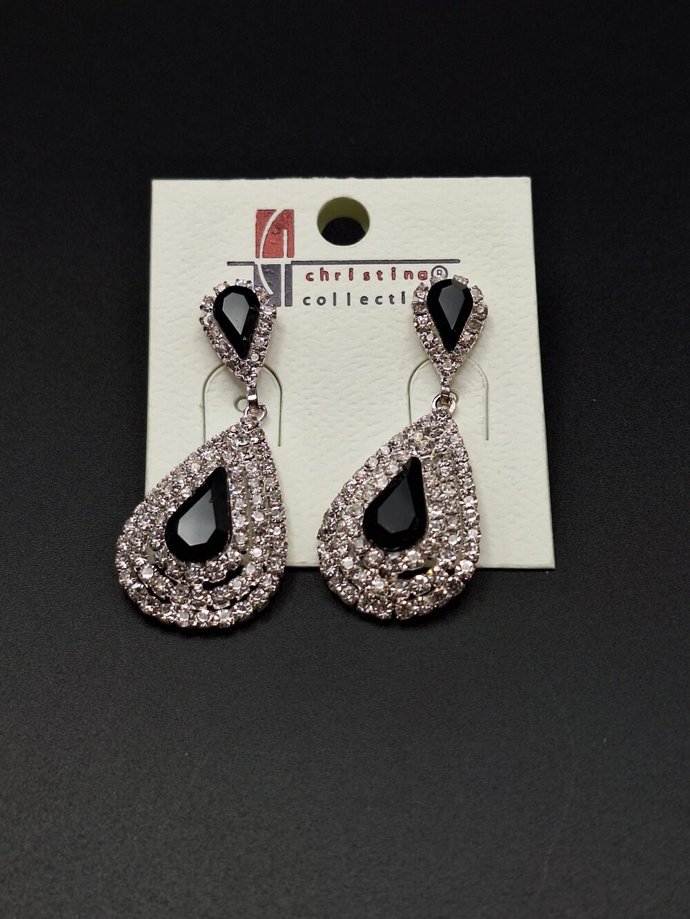 Christina Collection Black Crystal Teardrop Dangle Statement Earrings Silver